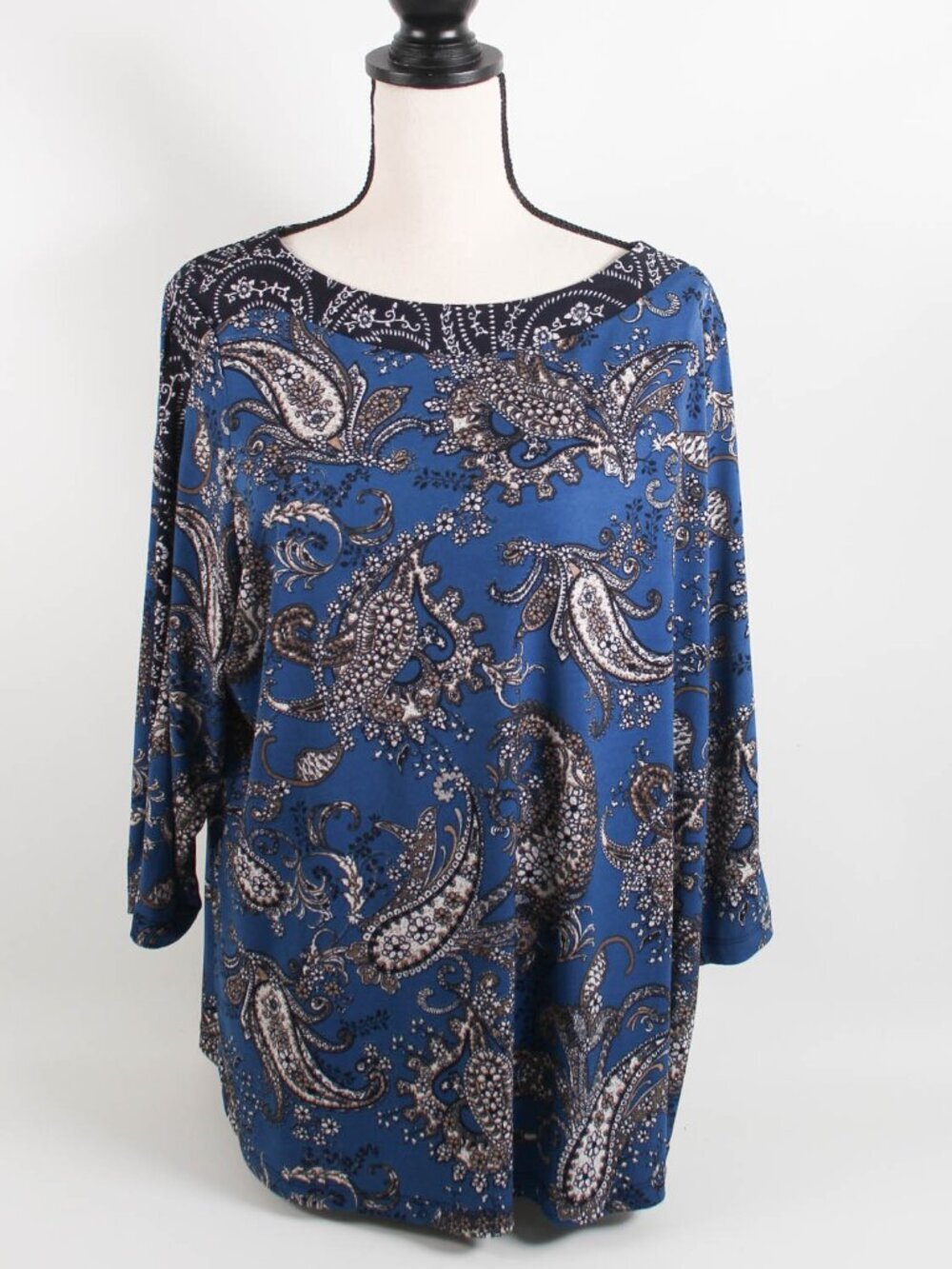 Susan Graver Blue Paisley Tunic Top 1X Slit Sleeve Blouse